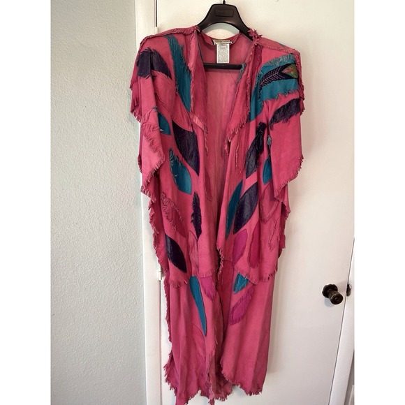 Vintage Coat Womens XL Laise Adzer Pink Leather Feather Fringe Maxi Vest Duster - Picture 2 of 16